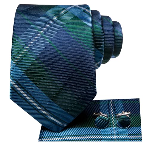 Image of Dubulle Mens Paisley Striped Tie and Handkerchief Cufflinks Tie Set for Men Wedding Business Formal,Blue Green