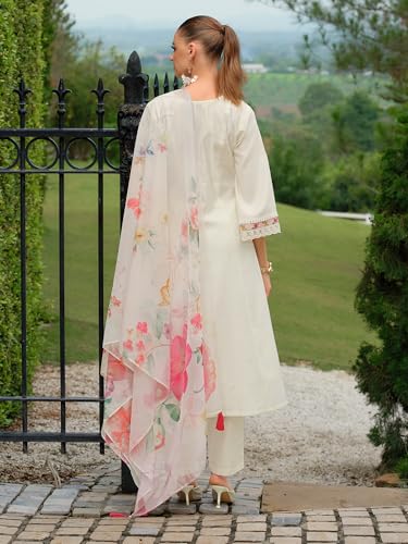 Image of INDO ERA Women's A-Line Cotton Blend Floral Embroidered Kurta & Pant With Dupatta Set (IEOUT11375)