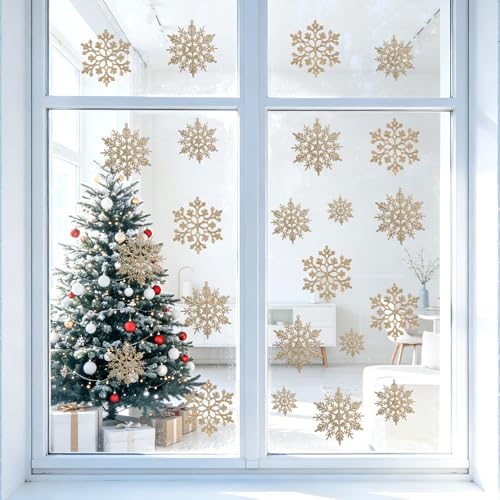 Image of 60pcs Christmas Champagne Gold Snowflake Ornaments Plastic Glitter Snow Flakes Ornaments for Winter Christmas Tree Decorations Size Varies Craft Snowflakes