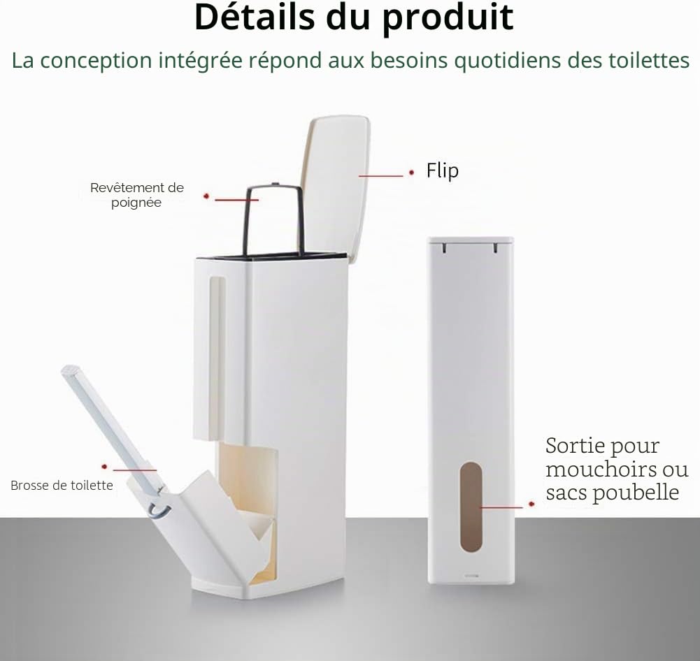 Ensemble brosse WC et poubelle, poubelle 4 en 1, brosse de toilette, multifonction peu encombrante, boîte de rangement et support (blanc)