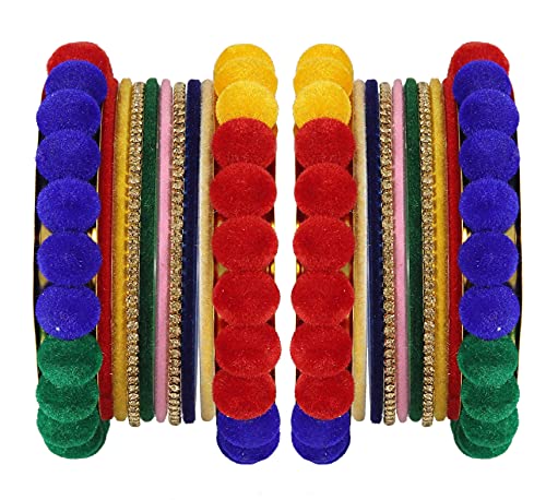 Image of NMII Stylish Metal with Golden Zircon Stone & Velvet Balls Bangles Set For Women and Girls | Fancy Designer Bangles | Short Velvet Chuda Set | Women's Fashion Jewellery