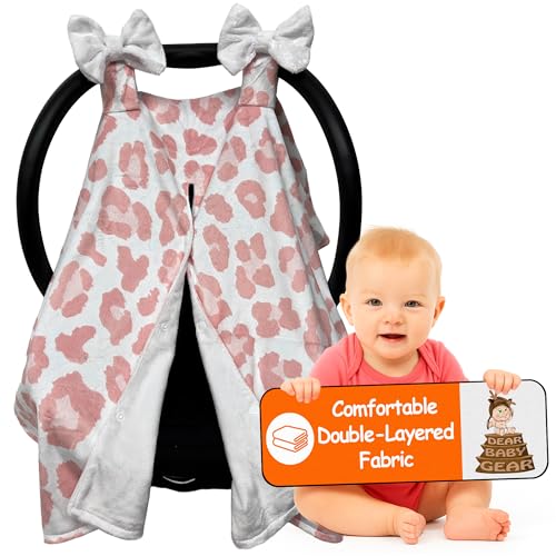 Image of Dear Baby Gear - Car Seat Canopy, Infant Carrier Cover for Boys & Girls, Cozy Fall Baby Shower Gift, Nursing & Stroller Use, Newborn Travel Sunshade Accessory, Pink Cheetah, Pink Dot, White Puffy Bows