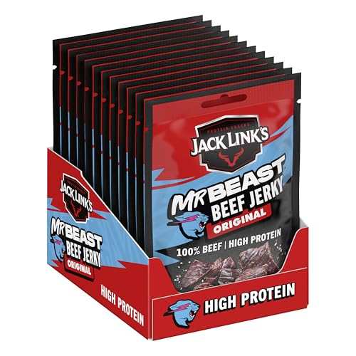Jack Link’s Beef Jerky Original - MrBeast Edition - Pack de 12 (12 x 25g) Snack Alto en Proteína - Snack Proteico para Fitness, Gym y Outdoor - Carne de Vacuno Deshidratada Estilo Americano