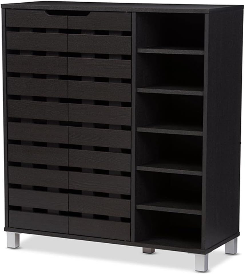 Baxton Studio Shirley Modern & Contemporary Wood 2-Door Shoe Cabinet with Open Shelves, Dark Brown