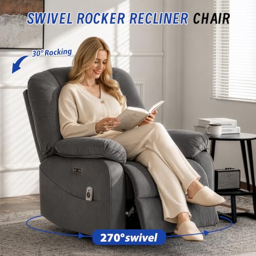 Image of Power Swivel Rocker Recliner Chair for Adults, Electric Rocking Recliner with Massage and Heat for Living Room Bedroom, Fabric Reclining Sofa Chair with USB and Type-C Ports,Gray