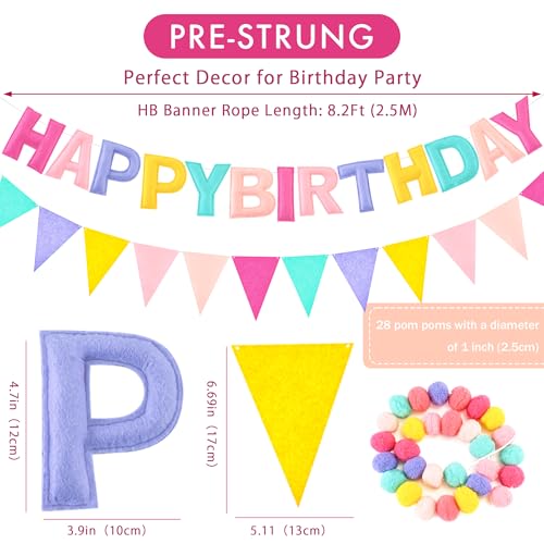 Image of CANREVEL Pre-Strung 3D Happy Birthday Banner, 3 PCS Happy Birthday Felt Garland, Pom Pom Garland, Triangle Fabric Garland Bunting, Reusable Birthday Decorations for Women Men Girls Boys, Pastel Candy