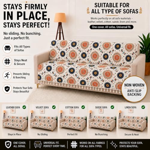 Image of Homerz Premium Printed Quilted Velvet Sofa Slip Cover Protector with Tassels, Sofa Mat, Exact Size, Antislip Cover (Mosaic, 5 (3+1+1) Seater, Full)