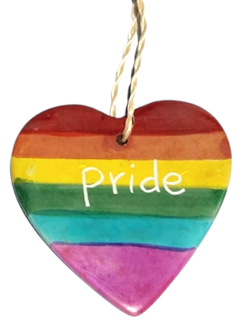 Purity Style Multicolor Rainbow Stripe Hanging 'Pride' Heart Decoration | Handcarved Soapstone |Room Deco
