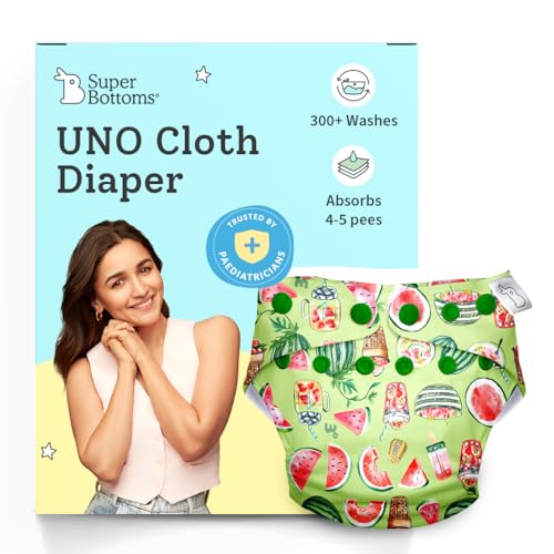 Image of SuperBottoms UNO Freesize Premium Cloth Diaper for babies (3m-3y) + Organic Cotton Pad | Washable & Reusable 300+ Times | Superior Absorption | Waterproof | Super Soft & Gentle - Melon splash