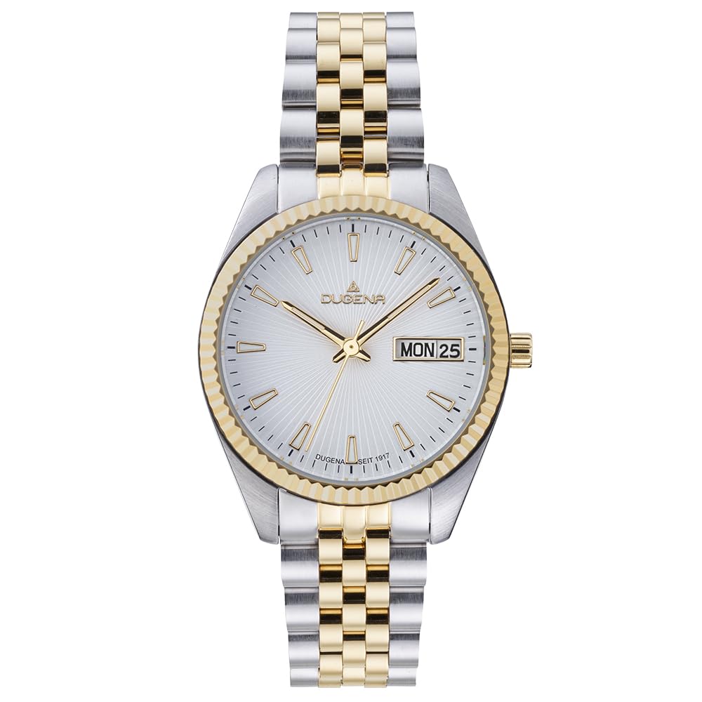 DUGENA Damen-Armbanduhr, 4461033, Venetia, Quarz, weißes Zifferblatt, Edelstahlgehäuse, Saphirglas, Edelstahlarmband, Drückerfaltschließe, 10 bar