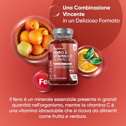 Ferro Integratore e Vitamina C in Gommose, 120 Caramelle (2 Mesi) 28mg Ferro + 10mg Vitamin C, Ferro e Vitamina C Per il Normale Funzionamento del Sistema Immunitario, Integratore Ferro Gusto Pesca - 2
