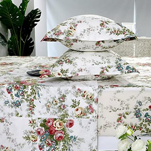 FADFAY Sábanas de rosas florales Queen 100% algodón blanco roto flores victorianas impresas shabby vintage antiguo ropa de cama suave algodón natural bolsillo profundo sábana bajera Cover