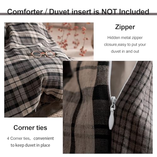 Image of EAVD Vintage Grey&Black&Beige Gingham Plaid Duvet Cover Twin Soft 100% Muslin Cotton 3-Piece Retro Grid Checkered Bedding Set with 2 Pillowcases Reversible Gingham Duvet Cover with Zipper Closure