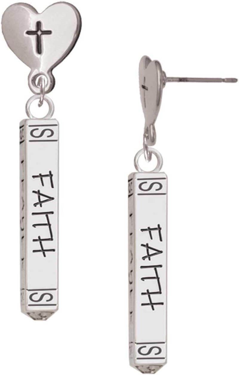 Delight Jewelry Believe Faith Prayer Hope Bar Silvertone Cross in Heart Post Dangle Earrings