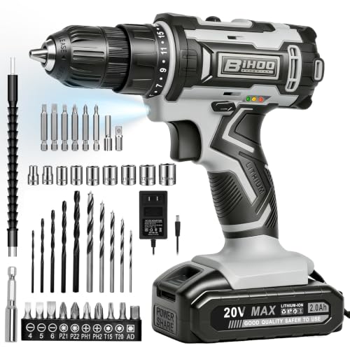 Image of Cordless Drill Set,20V Drill Driver with Battery and Charger,3 /8-Inch Keyless Chuck, Variable Speed,with Drills Bits Set,Gray