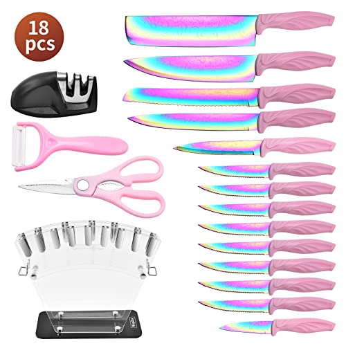 Rainbow Knife Set Damascus Non Stick Sharp Large Blade Chef Kitchen Knives Set With Acrylic Block Cutlery Knives Block Set Chef Quality Best Gift Pretty Pink Color #TOP3