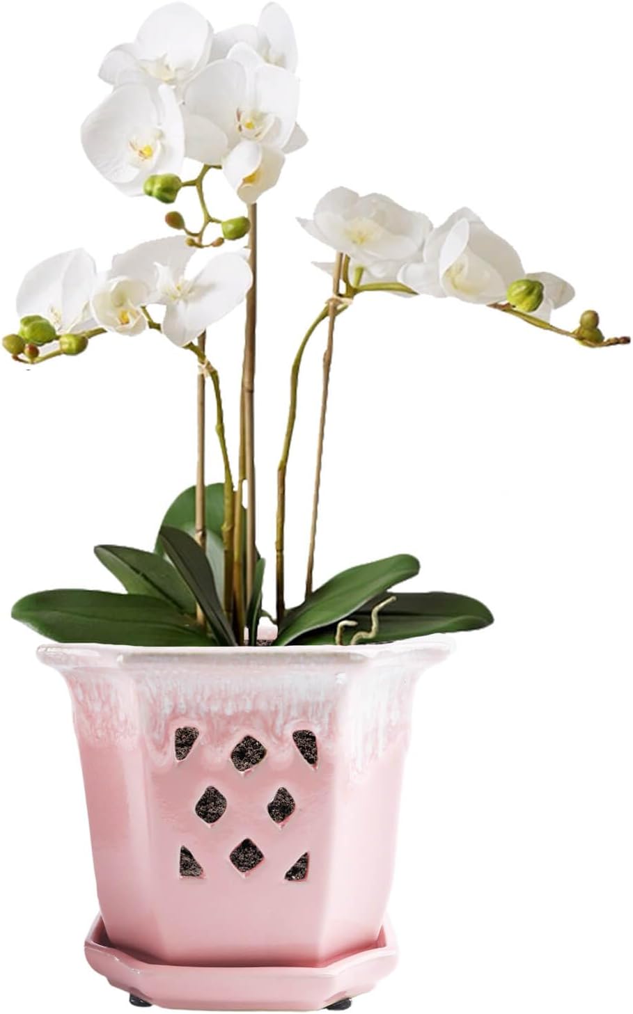vensovo 6 Inch Ceramic Orchid Pots with Holes - Octagonal Orchid Pots for Repotting, Garden Planter Indoor and Outdoor with Attached Saucer Supports Air Circulation(Pink)