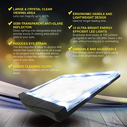 3X Large Ultra Bright LED Page Magnifier with 12 Anti-Glare Dimmable LEDs (Provide More Evenly Lit Viewing Area & Relieve Eye Strain)-Ideal for Reading Small Prints & Low Vision - Thumbnail 6