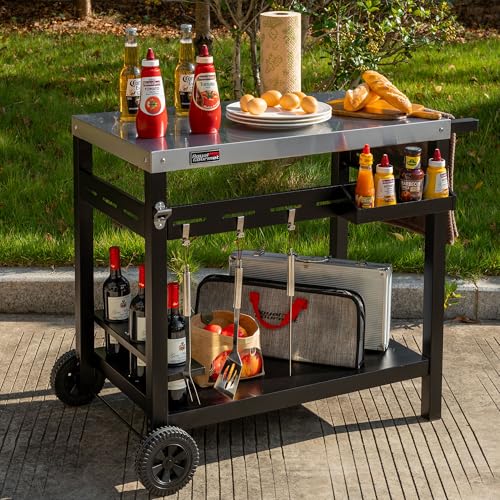 Royal Gourmet Grillwagen Rollwagen mit Edelstahl-Platte für Tischgrill und Pizzaofen, Outdoor Servierwagen Grilltisch mit außergewöhnlicher Tragfähigkeit