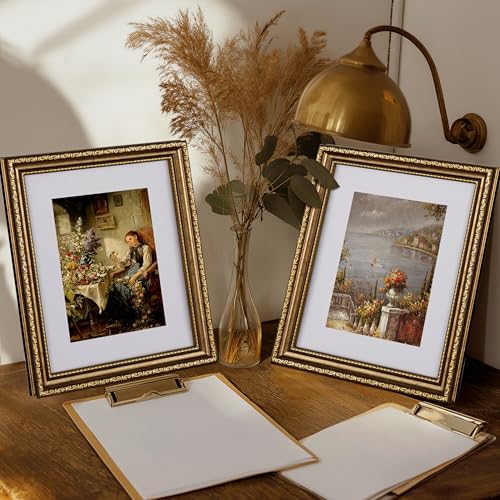 Image of eletecpro 8x10 Vintage Picture Frame, Glass Cover, Bronze Gold, 2-Pack | Display Photo 5x7 with Mat or 8x10 without, Horizontal or Vertical, Tabletop or Wall Decor