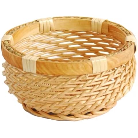 QRZLP Rattan Bread Baskets, Handwoven Bamboo Fruit Storage Basket Round Fruit Basket Bowls Food Serving Tray for Fruit, Bread, Snacks. Cover