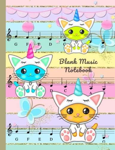 Blank Music Notebook: Cute Blank Sheet Music Notebook , Wide Staff Music Writing Notebook For Kids , 6 Staves Per Page, Cute Rainbow Kawaii Kitty Cat Journal (Music Composition Books) Caticorn