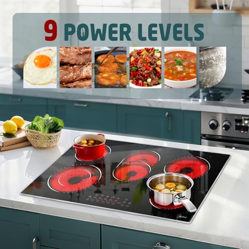 Image of Hobsir 30 Inch Electric Cooktop, 5 Burners 30 Cooktop, Electric Stove Top Burner, 8400W Drop-in Ceramic Stove with Glass Metal Frame, Dual Zone, Timer, Safety Lock, 220-240V, Hard Wired (No Plug)