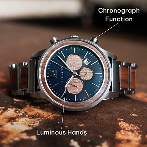Holzkern Oscar Men’s Watch 42Mm Chronograph Blue Dial Silver Stainless Steel & Walnut Wood Wristband Strap Casual Analog Wooden Watch For Men With Luminous Hands & Mineral Crystal Glass #TOP5