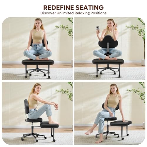 Image of Pinmoco Cross Legged Office Chair with Wheels, Meditation Chair, ADHD Chair for Adults, Wider Height Adjustable Backrest and Seat, Yoga Office Chair, PU Leather, Black
