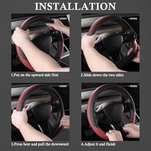 CAR PASS Faux Leather Steering Wheel Cover and Waterproof Car Floor Mats, Universal Car Combo Fit for 95% Sedan,SUV,Cars, 14.5-15inch Sporty Anti-Slip Safety Comfortable Design Burgundy by CAR PASS - Used condition - Image 8