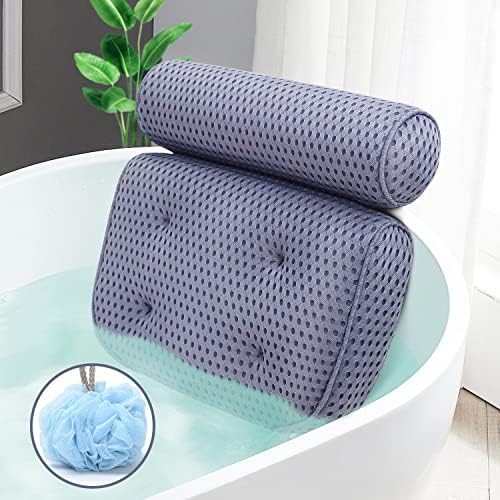 Bath Pillow for Tub Ergonomic Non-Slip Bathtub Pillow with Upgraded 4D Air Mesh Technology and 6 Non-Slip Strong Suction Cup, Relaxing Spa Bath Pillow Headrest Blue