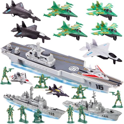 3 Otters 27PCS Aircraft Carrier Set with Warplanes, Battleship, Army Men