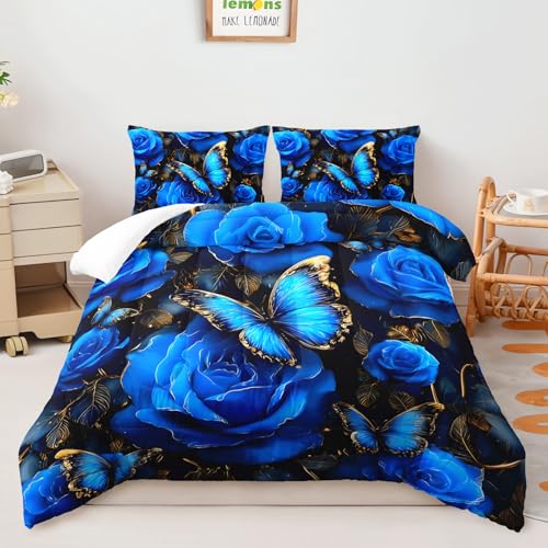 Image of AILONEN Blue Roses Comforter Set Queen Size,Butterfly Flower Bedding Set 3Pcs,Bedroom Decor for Girls Women,Luxury Rose Floral Quilt with 2 Pillowcases