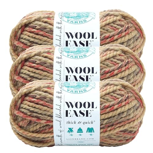 Image of Lion Brand Yarn, Wool-Ease Thick & Quick Yarn, Jam Cookie Tan Multi, 3 Pack | Super Bulky Wool Acrylic Blend Fiber for Soft Hats, Sweaters, Chunky Blankets, Yarn for Crochet, Knitting, Crafts, Weaving