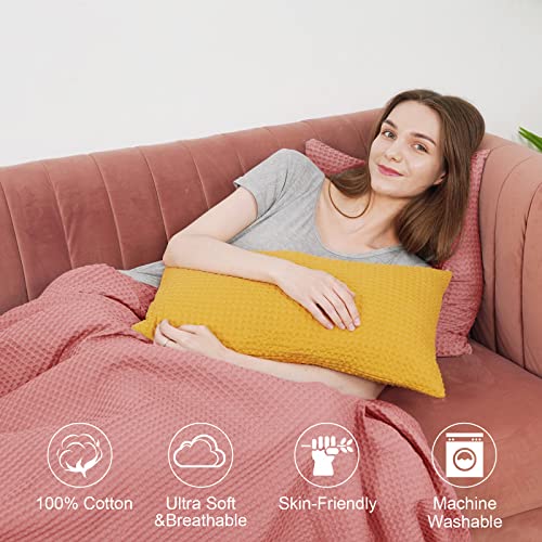 Phf 100% Cotton Waffle Weave Throw Blanket 50" X 60"- Washed Warm Soft Lightweight Breathable Blanket For Adults And Kids-Perfect Blanket Layer For Couch Bed Sofa - Coral Pink #TOP1