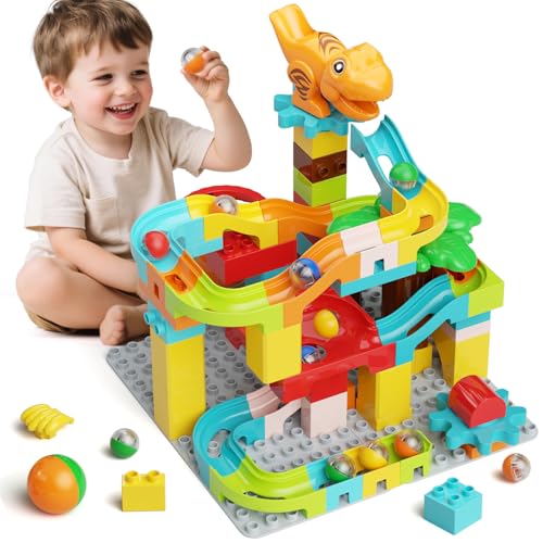 Murmelbahn Bausteine Dinosaurier Spielzeuge, Kinder STEM Spielzeug Dino Kugelbahn Set ab 3 4 5 6 Jahre Jungen Mädchen (90pcs-Dinosaurier Murmelbahn)