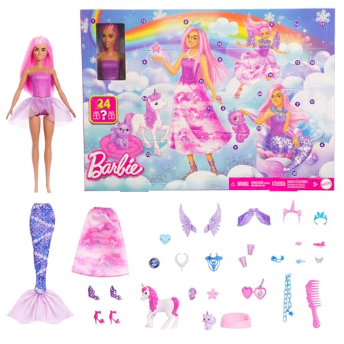Barbie Calendario de Adviento con muñeca y 24 accesorios sorpresa de juguete, como un unicornio y mascotas, muñeca de moda que se convierte en sirena, hada y mucho más, JFL66