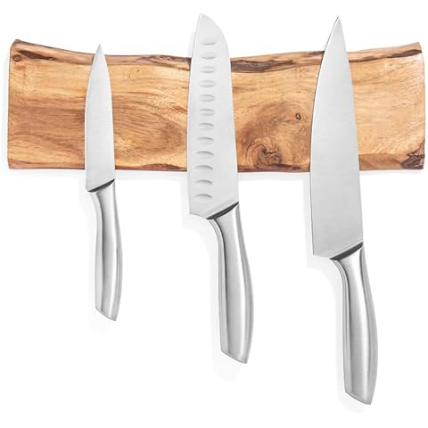 IMPROVED STRONGER Magnetic Knife Holder - Wood Knife Block - Knife Strip - Kitchen Organizer - Live Edge, Holds 5 Knives Cover