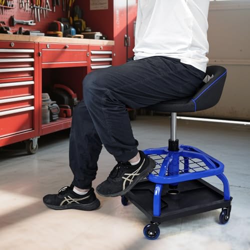 Image of Rolling Stool with Blue Wheels,Heavy Duty Garage Work Mechanic Rolling Shop Stool with Backrest, Adjustable Height 360Swivel Roller Mechanic Chair with 2 Tool Trays, 330 LBS Capacity