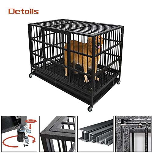 Otaid 48 Inch Heavy Duty Dog Crate Cage Kennel With Wheels, High Anxiety Indestructible Dog Crate, Sturdy Locks Design, Double Door And Removable Tray, Extra Large Xl Xxl Dog #TOP3