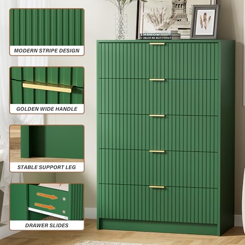 Image of Furniway Green Dresser for Bedroom, Modern Dresser with 5 Drawers and Smooth Slides, Wide Chest of Drawers with Golden Handles for Bedroom, Living Room, Closet, 15.7 inch D x 31.5 inch W x 47.2 inch H