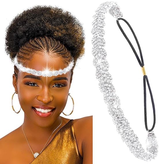 mukutique Crystal Rhinestone Elastic Headband, Sparkly Hair Band for Women (SILVER, FREE SIZE)