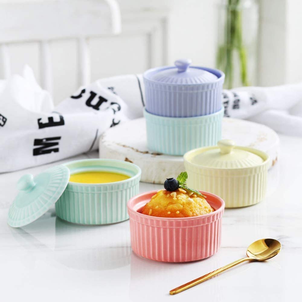 Lot de 5 ramequins en porcelaine pour pâtisserie, mini cocotte avec couvercle, plat de cuisson, bol à pudding, bol à dessert, 5 pièces