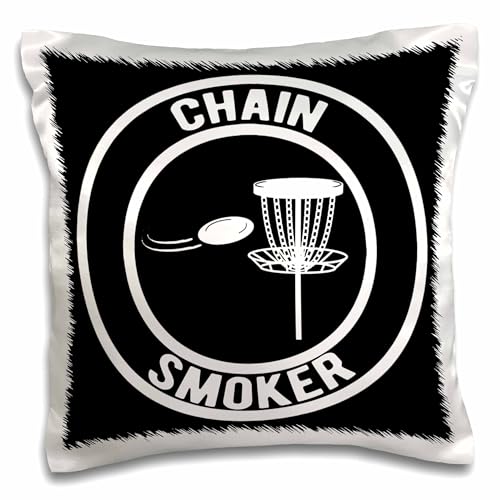 3dRose 16x16 inch Pillow Case - Chain Smoker in a Circle with disc Golf Basket and disc on Black. Stamp City - Typography - disc Golf