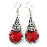 Forme : goutte d'eau Boucles d\'oreilles en forme de goutte d\'eau en filigrane en cristal hématite et marcassite - Bijoux Verre rouge - 53 mm, taille unique