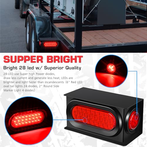 Image of LINKITOM Trailer Lights Welded Mount Steel Boxes Kit w /6 inch LED Oval Tail Lights & 2 inch LED Red Round Side Lights w /Grommet wire connectors, 2 Pack