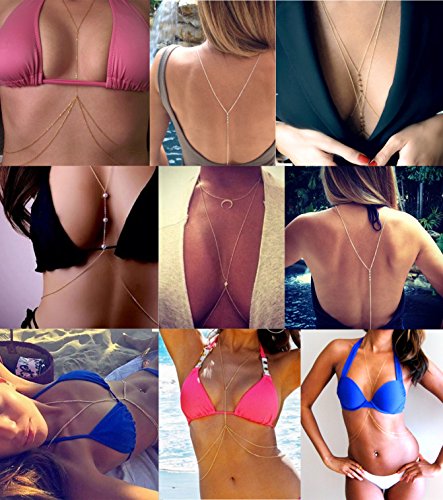 Tornito 4-8Pcs Sexy Body Chain Belly Waist Chain Necklace Summer Beach Bikini Bra Body Jewelry for Women Gold Tone2