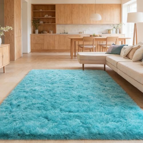 AIMECO Tapis moelleux à poils longs bleu turquoise - 160 x 250 cm - Antidérapant et léger -...