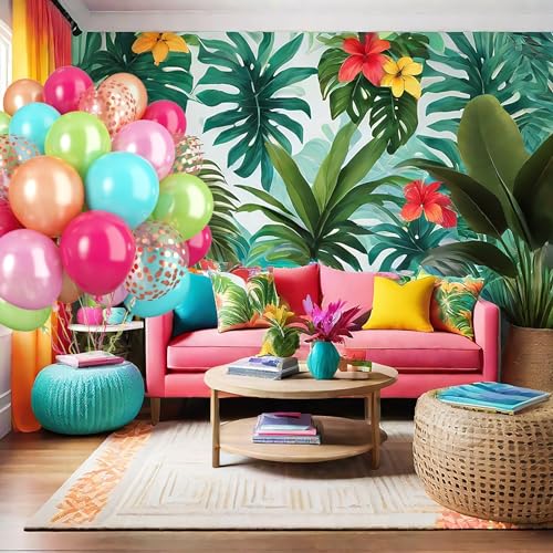 Image of Tropical Party Balloon, 60 Pcs Hawaii Balloons, 12 Inch Hot Pink Teal Blue Latex Balloon Pearl Rose Gold Confetti Balloons for Birthday Baby Shower Wedding Beach Tropical Flamingo Party Decorations
