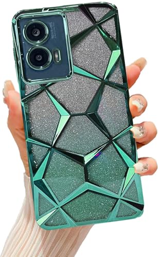 Image of VONZEE Gradient Glitter Case for Moto Edge 50 Fusion /Moto G96, Luxury Electroplated 3D Cube, Diamond Bling Shiny Soft TPU Clear Shockproof Case Women Girls Protective Phone Cover (Green)